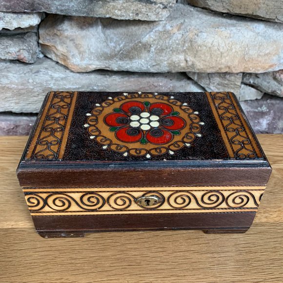 Jewelry Treasure Box Pyrography Wood Burning Red Velvet Lined Bohemian Decor - Picture 10 of 10